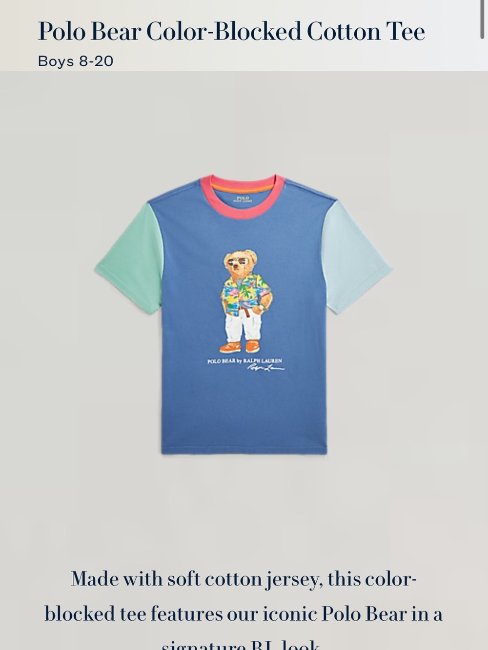 Polo by Ralph Lauren Blue Tee with Mint Sleeves and Coral Neck
